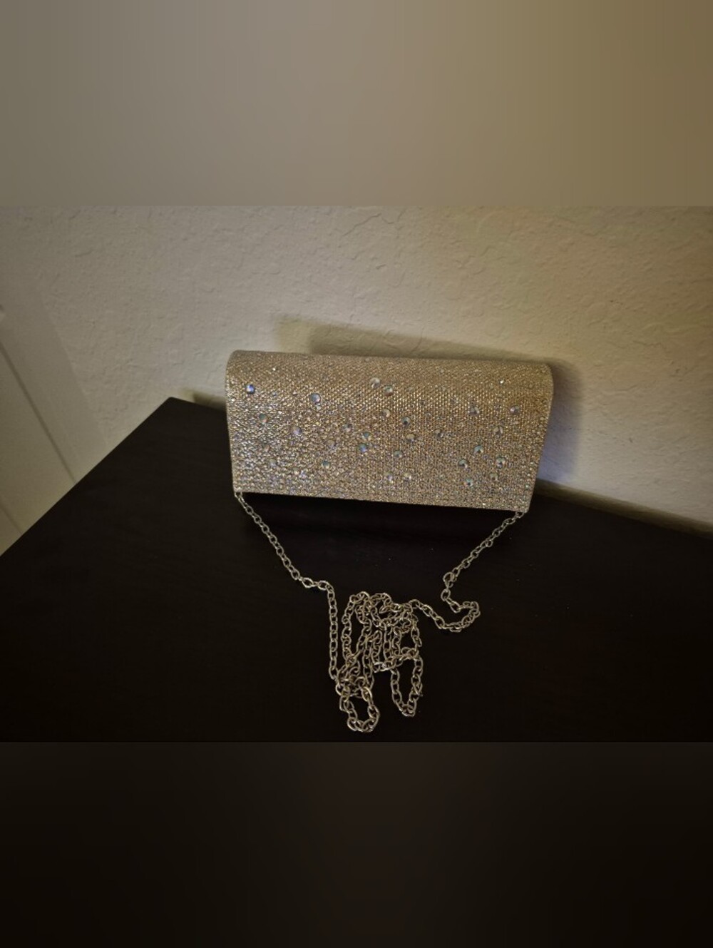 Jessica McClintock Gold/Silver, Bling Rhinestone Evening Bag with Silver Chain.